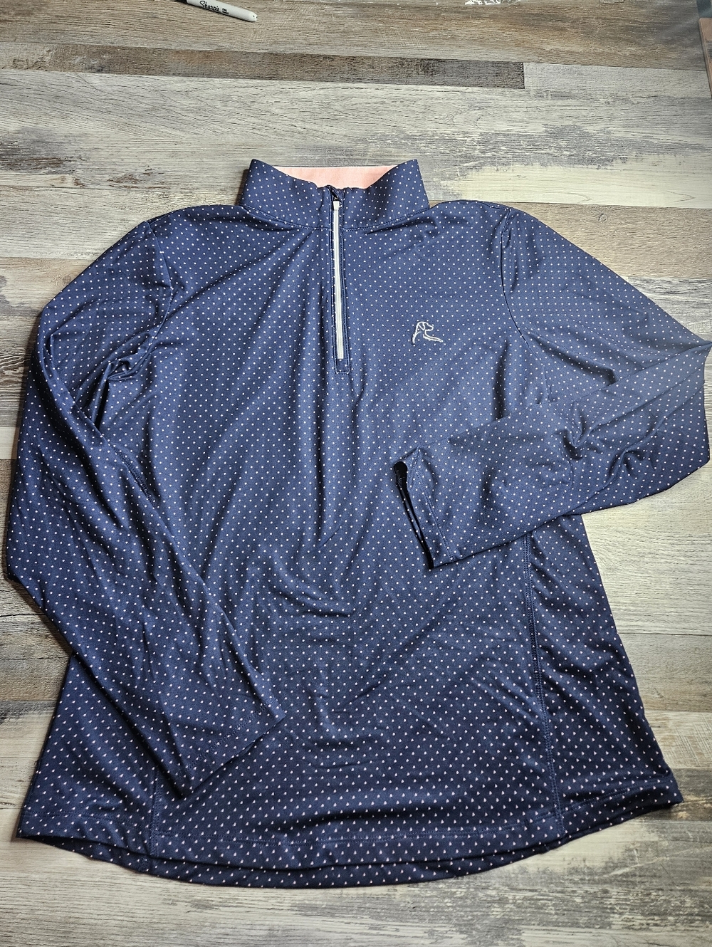 Rhoback Women's Quarter Zip Pullover Large Navy Blue Pink Polka Dots